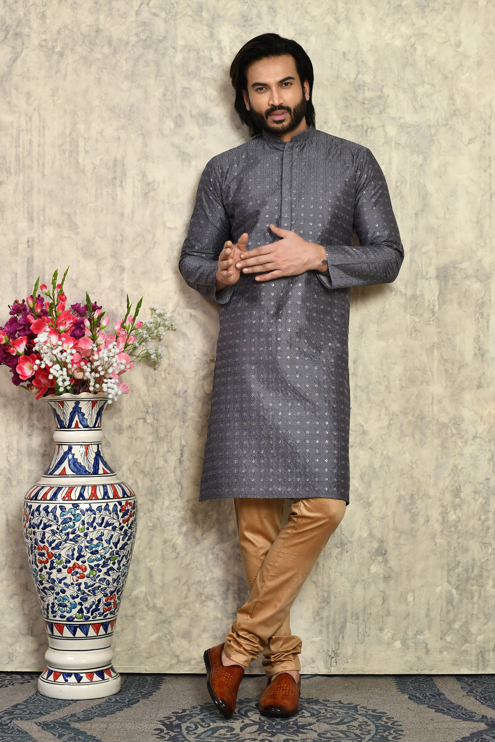 Grey Colour Art Silk Fabric With Plain Style Kurta Pajama