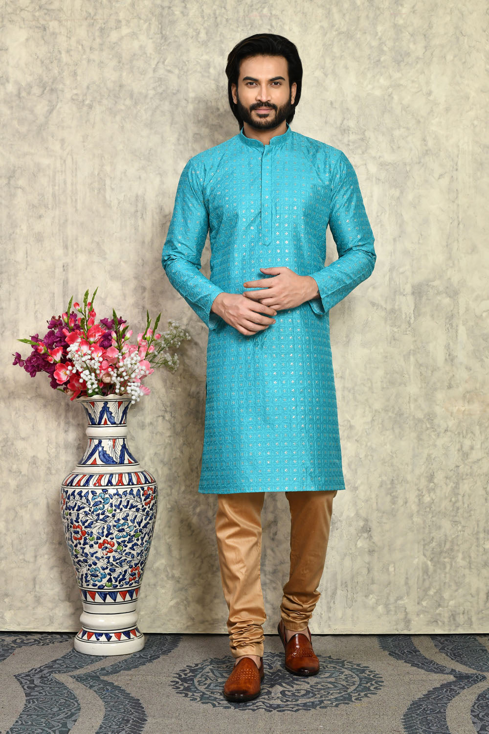 Turquoise Colour Art Silk Fabric With Plain Style Kurta Pajama