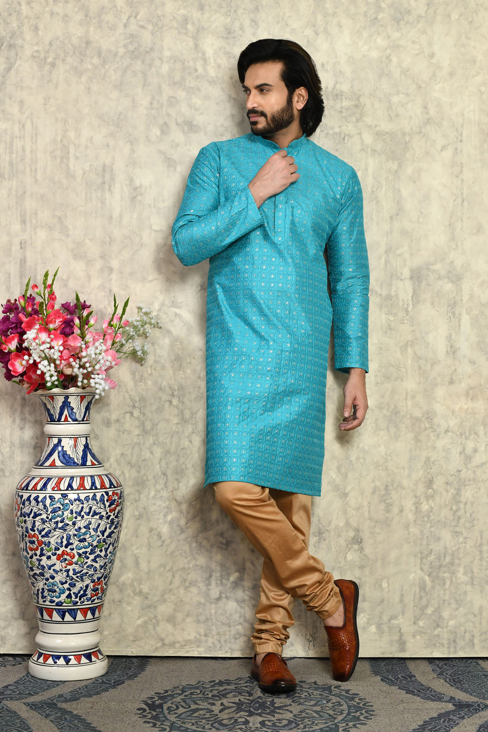 Turquoise Colour Art Silk Fabric With Plain Style Kurta Pajama