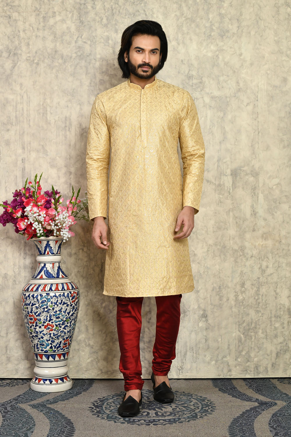 Gold Colour Art Silk Fabric With Plain Style Kurta Pajama
