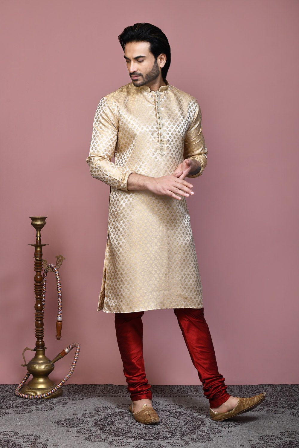 Gold Colour Art Silk Fabric Resham Woven Kurta Pajama