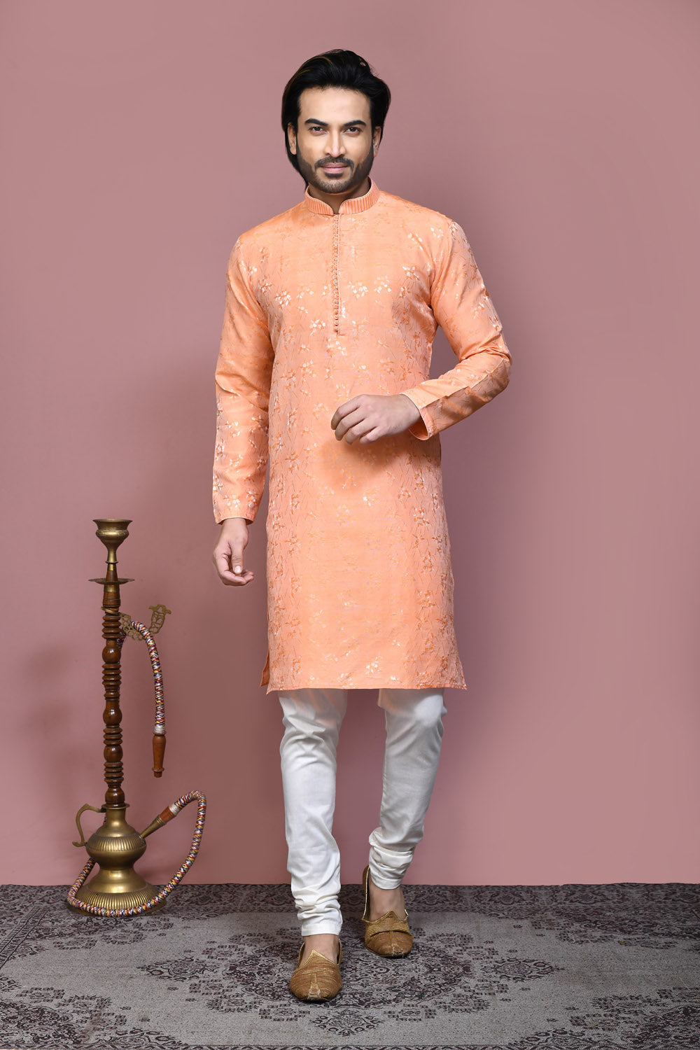 Rust Colour Art Silk Fabric Resham Woven Kurta Pajama