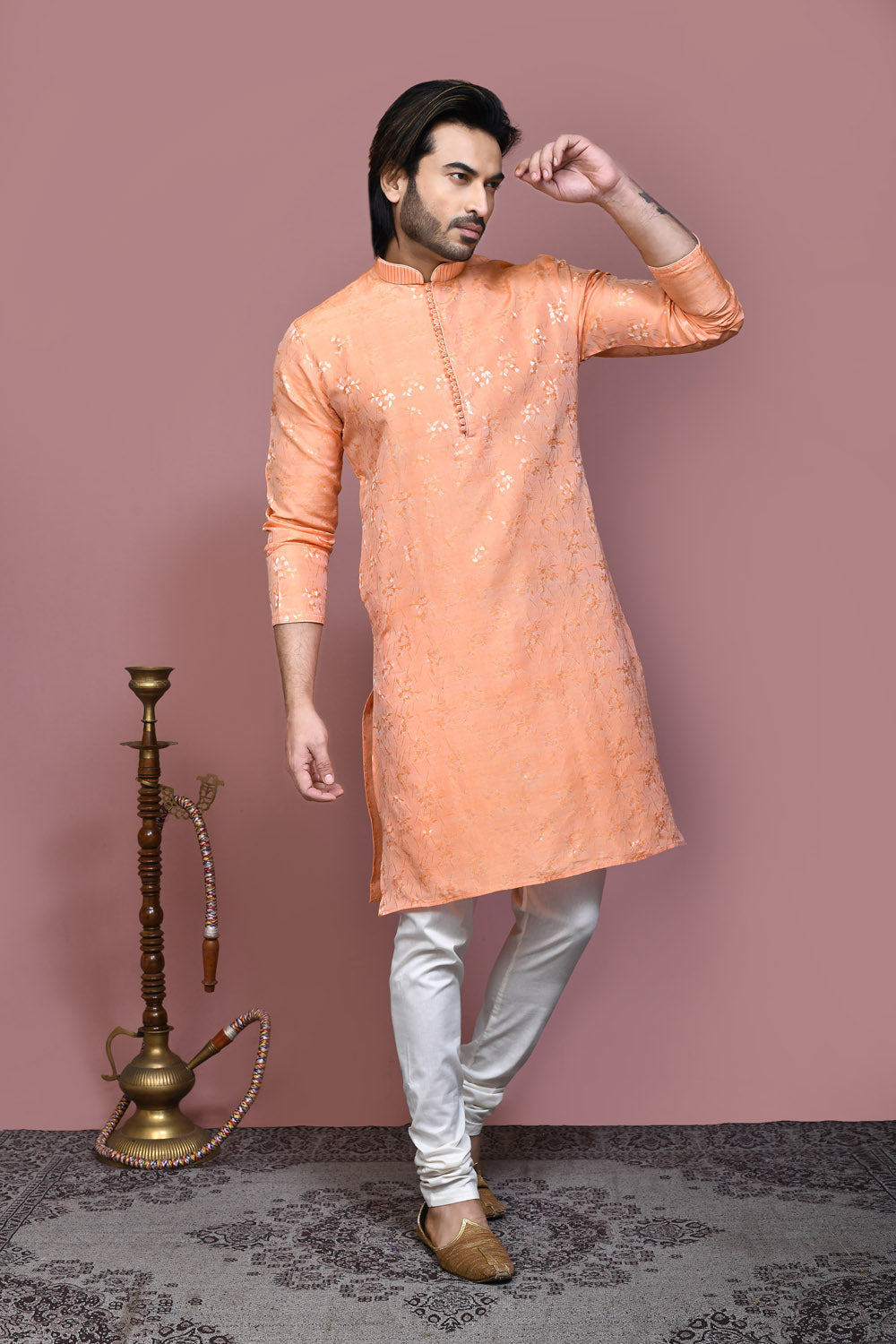 Rust Colour Art Silk Fabric Resham Woven Kurta Pajama