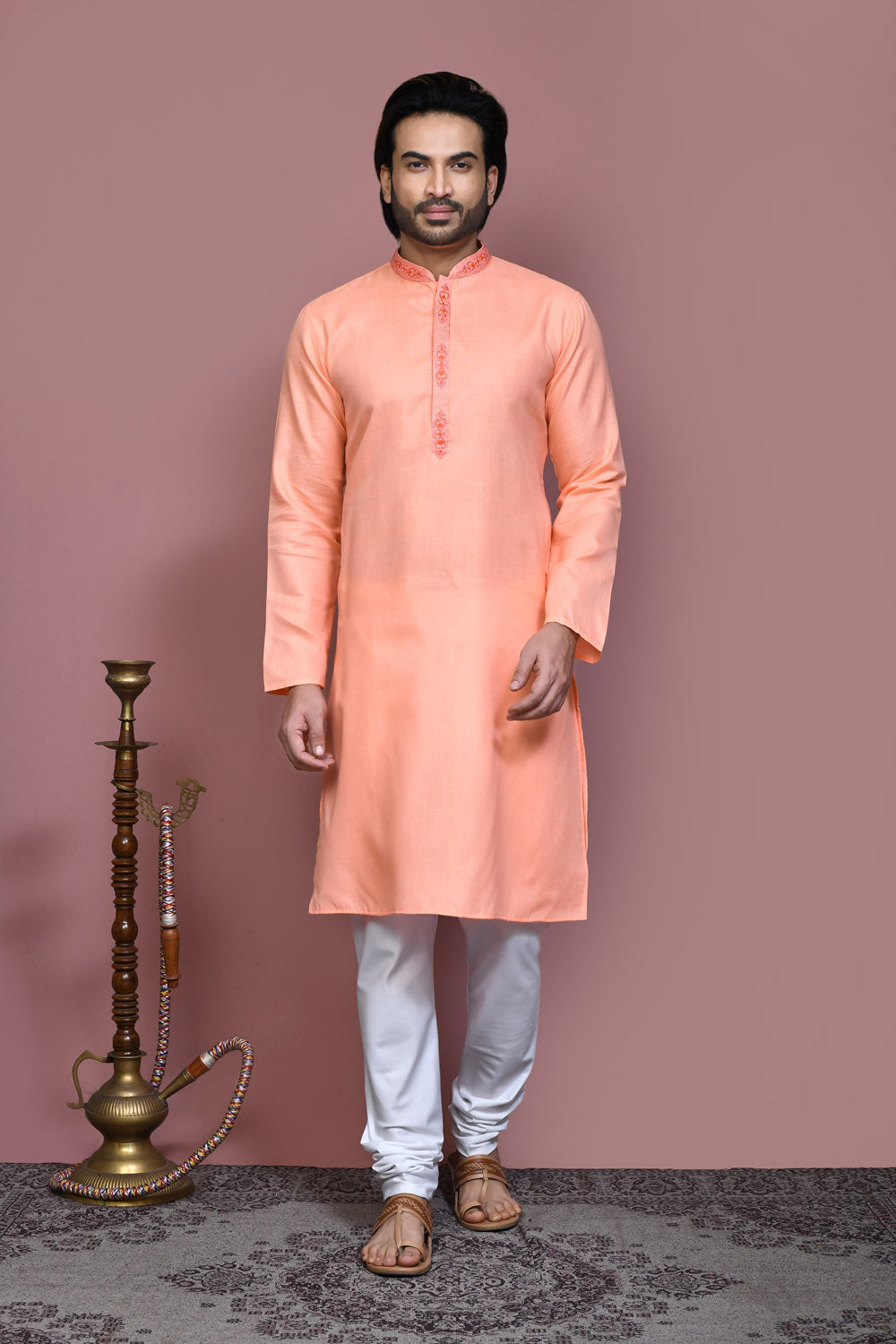 Rust Colour Cotton Fabric With Embroidered Kurta Pajama