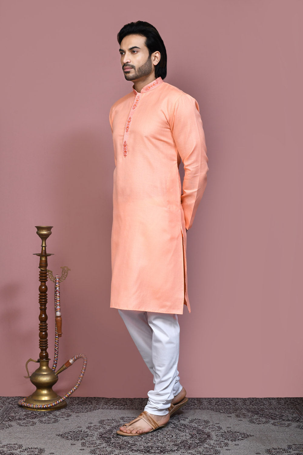 Rust Colour Cotton Fabric With Embroidered Kurta Pajama