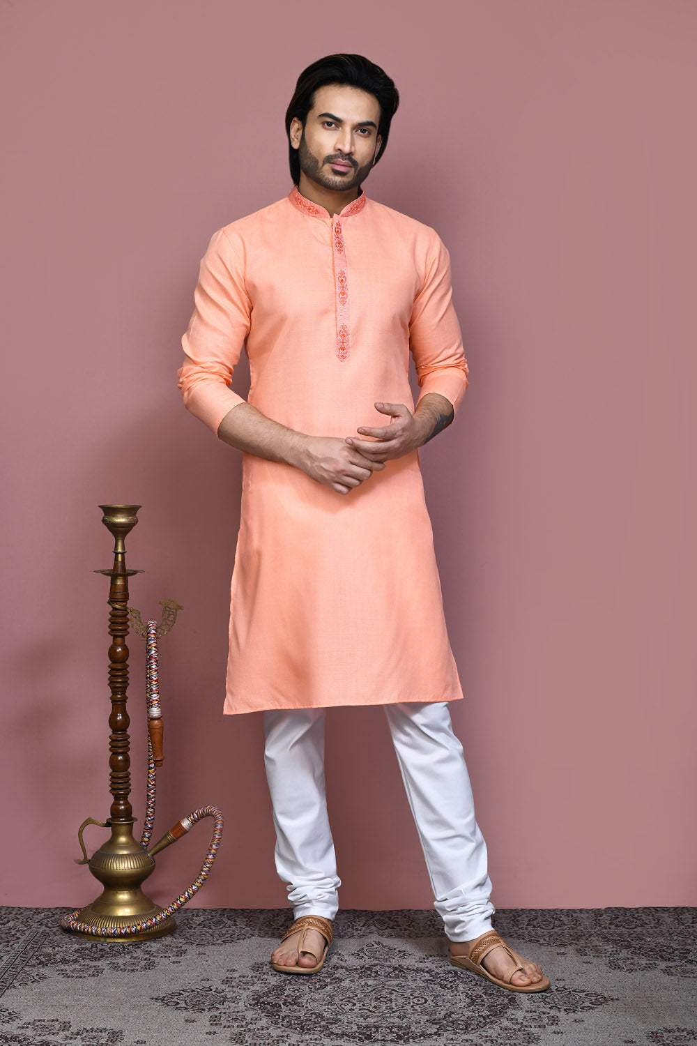 Rust Colour Cotton Fabric With Embroidered Kurta Pajama