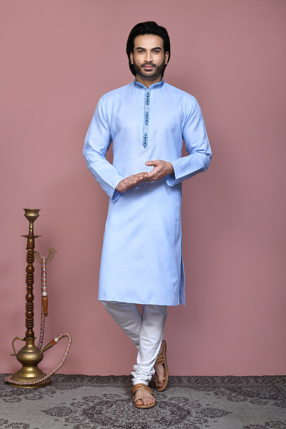 Sky Blue Colour Cotton Fabric With Embroidered Kurta Pajama