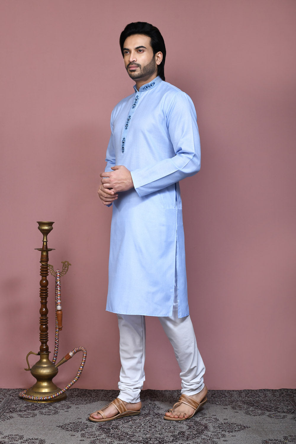 Sky Blue Colour Cotton Fabric With Embroidered Kurta Pajama