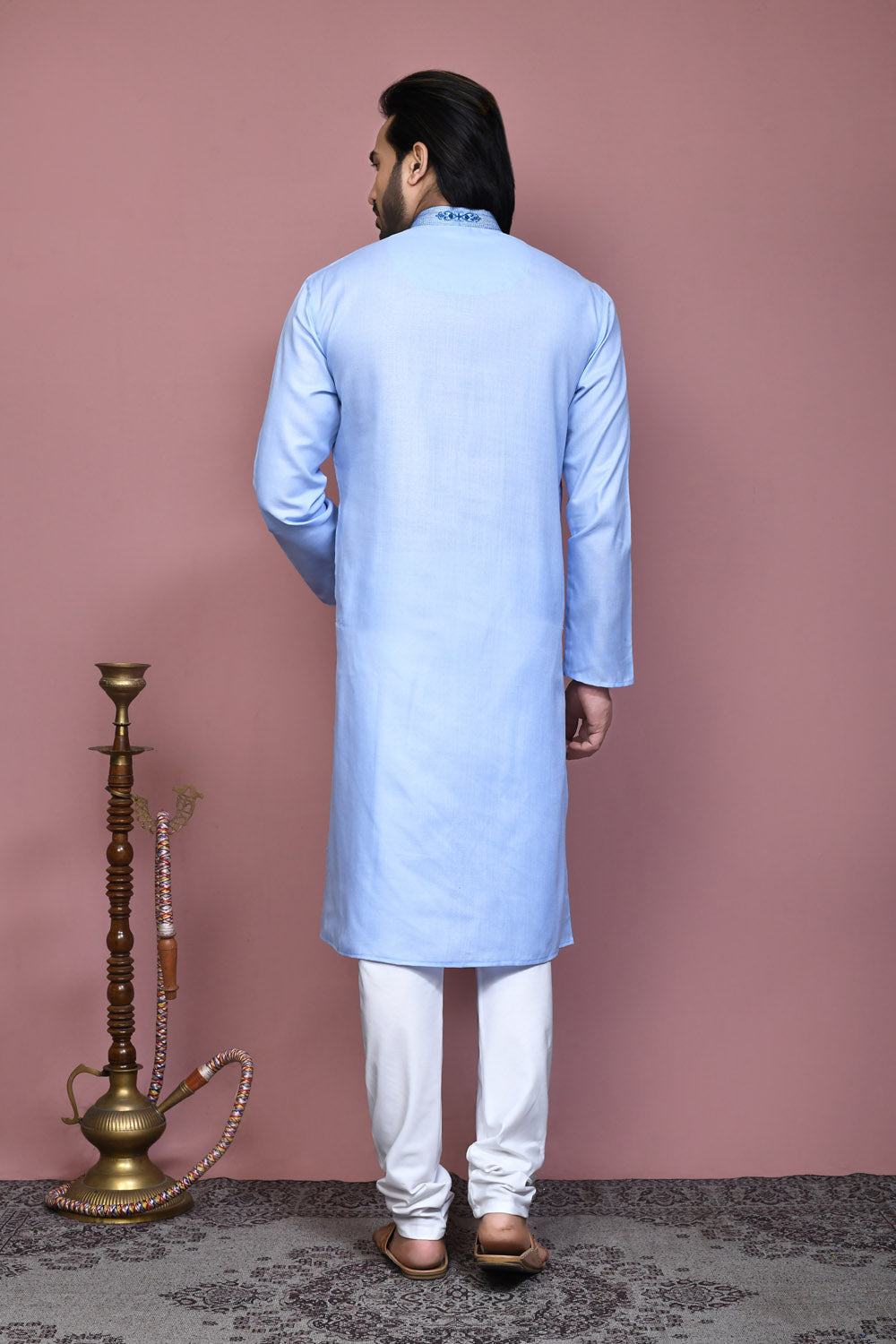Sky Blue Colour Cotton Fabric With Embroidered Kurta Pajama