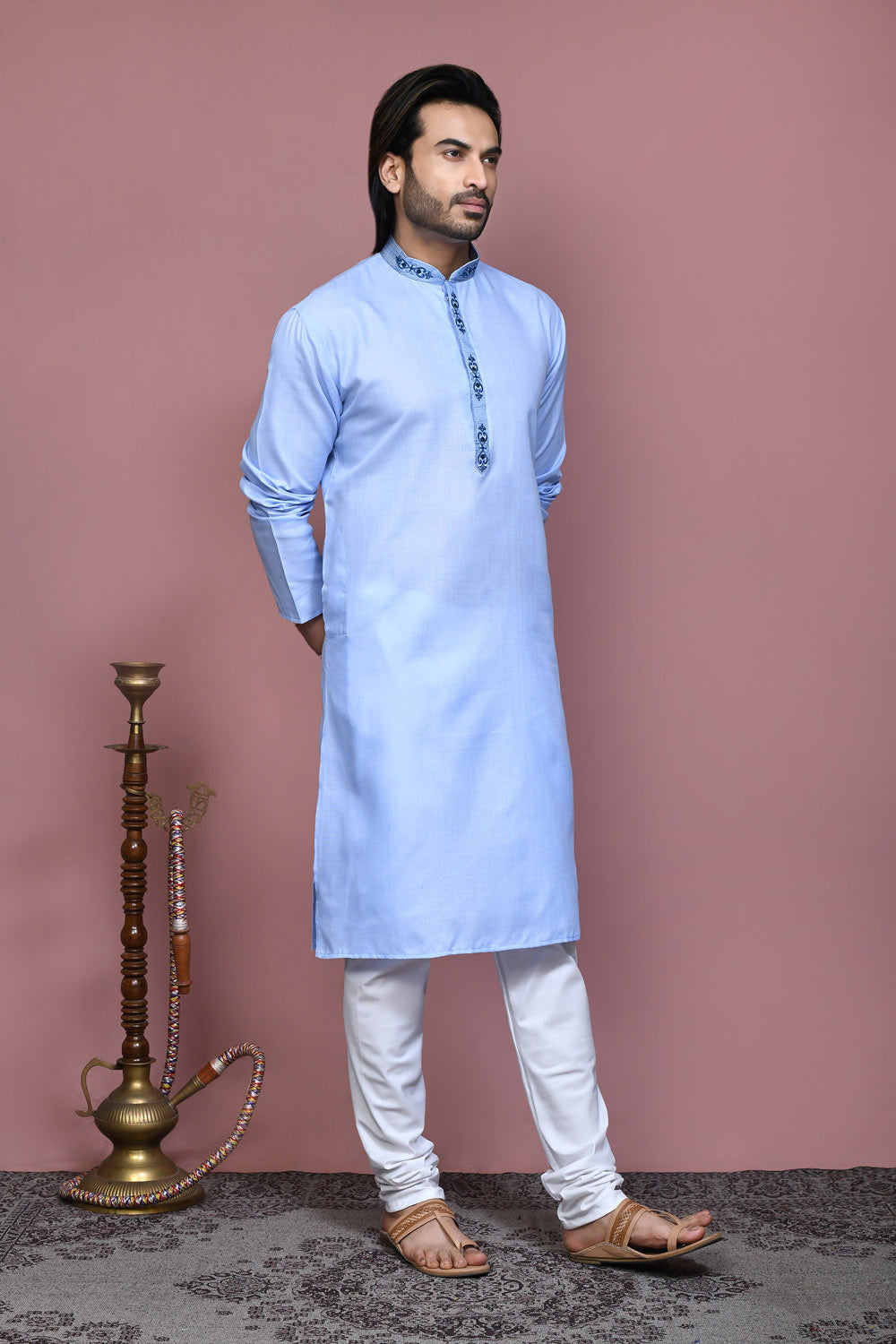 Sky Blue Colour Cotton Fabric With Embroidered Kurta Pajama