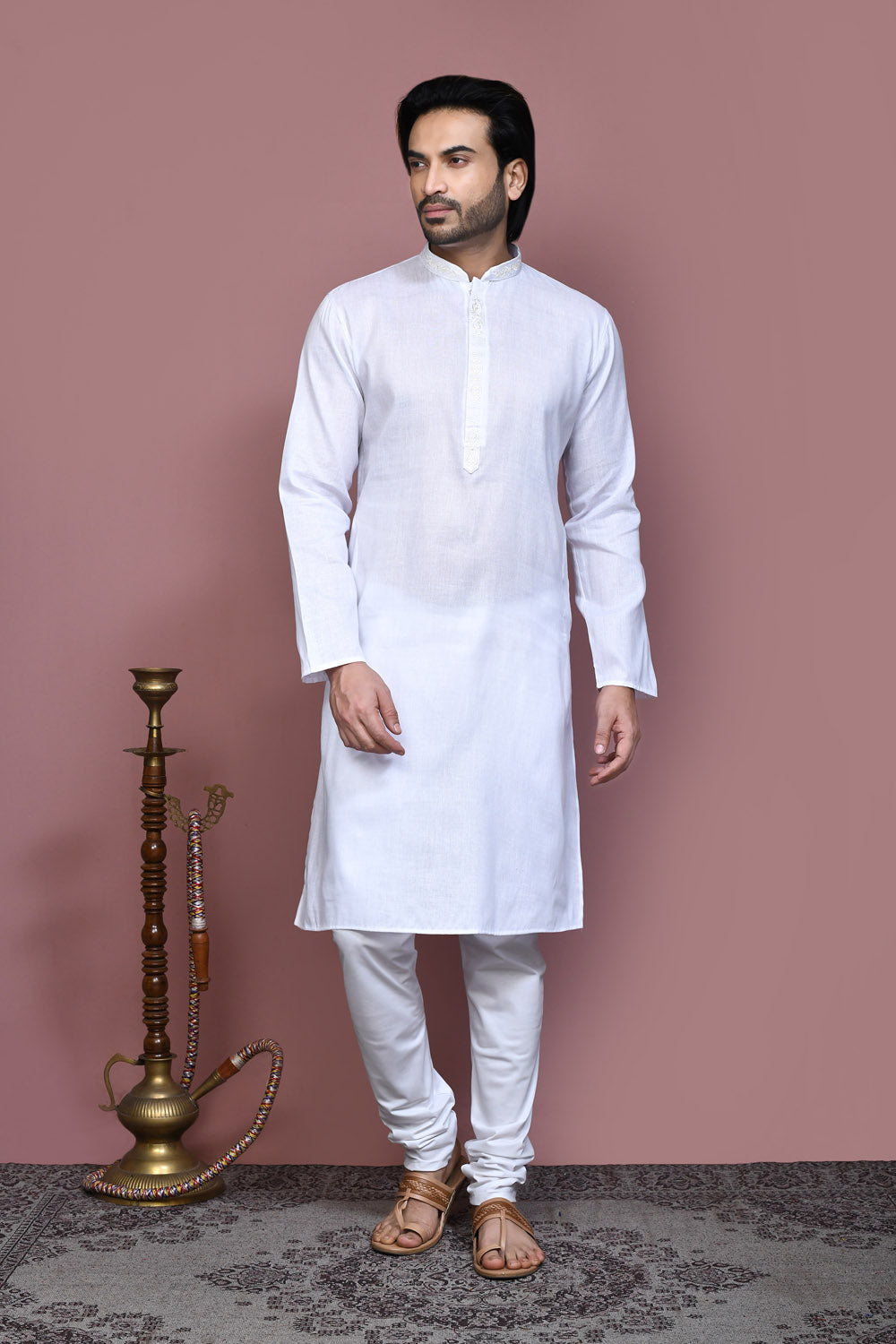 White Colour Cotton Fabric With Embroidered Kurta Pajama