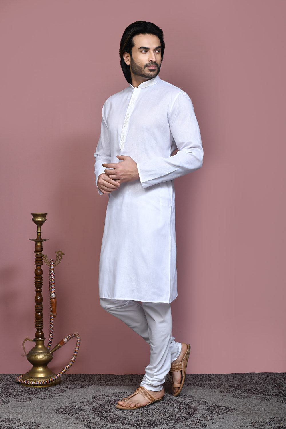 White Colour Cotton Fabric With Embroidered Kurta Pajama