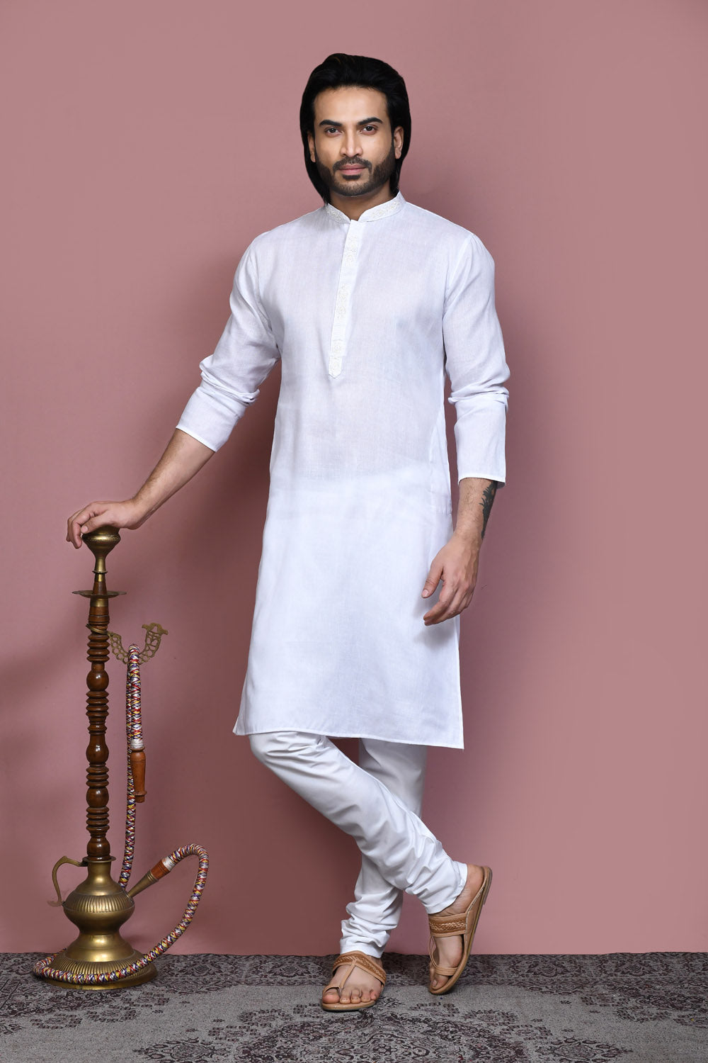 White Colour Cotton Fabric With Embroidered Kurta Pajama