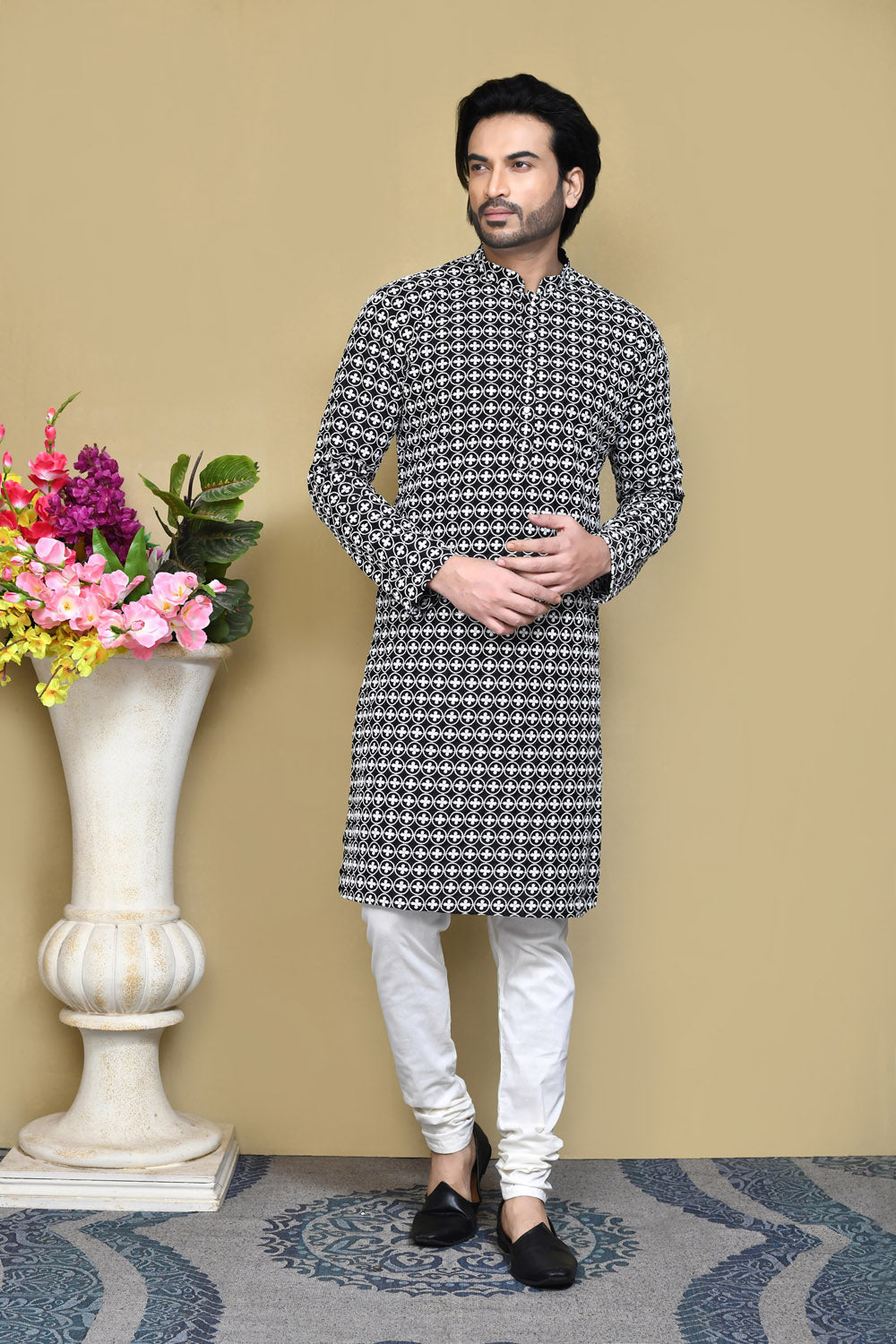 Black Colour Cotton Fabric With Pattern Work Kurta Pajama