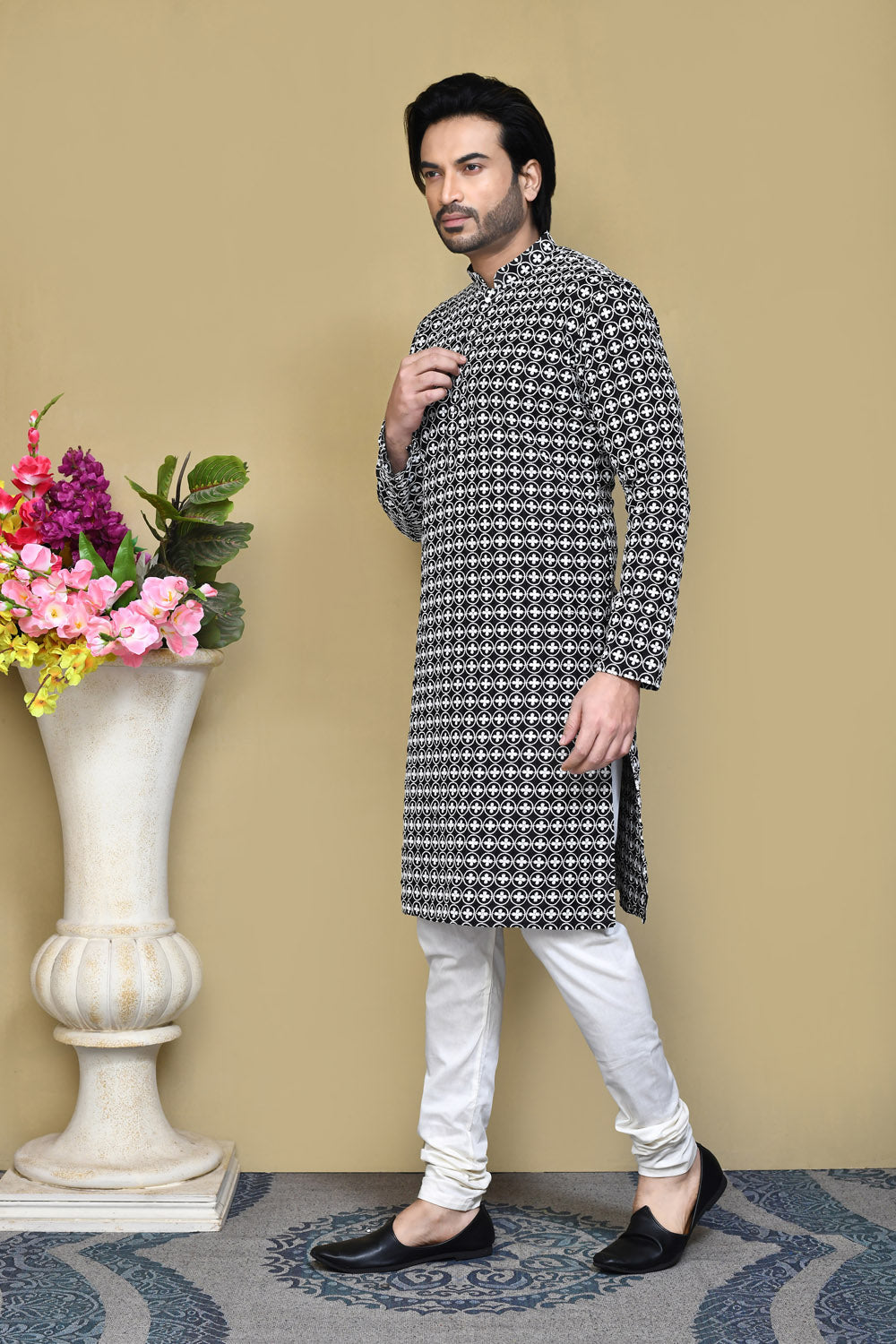 Black Colour Cotton Fabric With Pattern Work Kurta Pajama