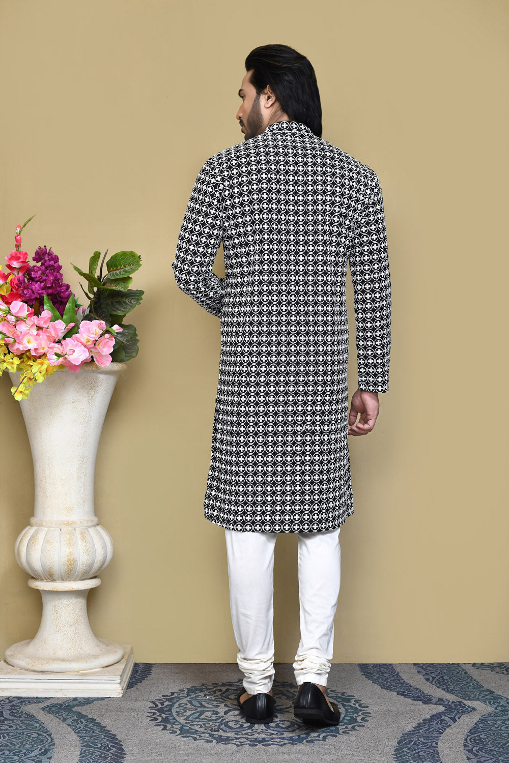 Black Colour Cotton Fabric With Pattern Work Kurta Pajama