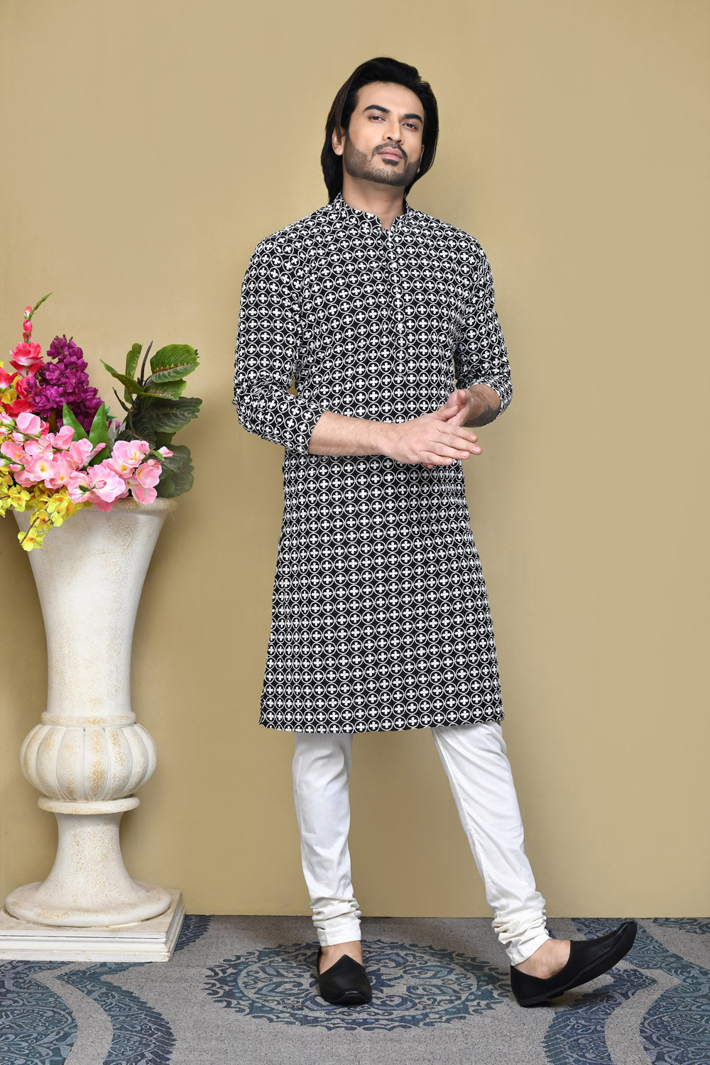 Black Colour Cotton Fabric With Pattern Work Kurta Pajama