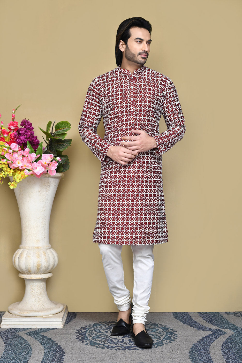 Maroon Colour Cotton Fabric With Pattern Work Kurta Pajama