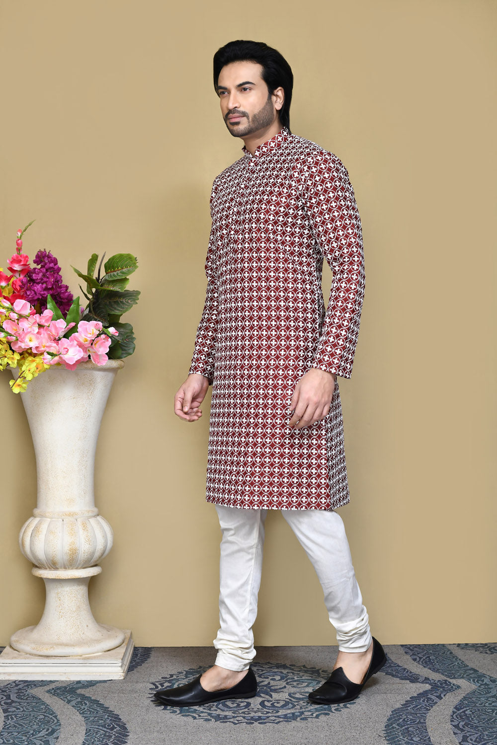 Maroon Colour Cotton Fabric With Pattern Work Kurta Pajama