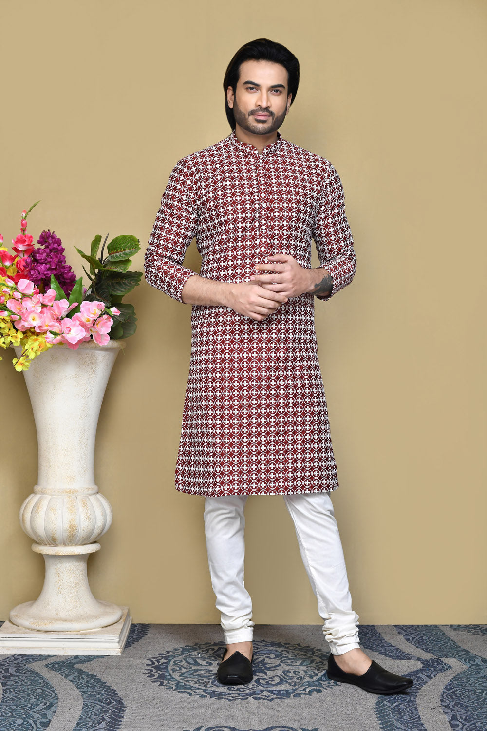 Maroon Colour Cotton Fabric With Pattern Work Kurta Pajama