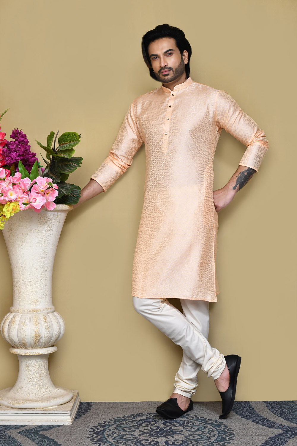 Biscute Colour Art Silk Fabric Woven Kurta Pajama