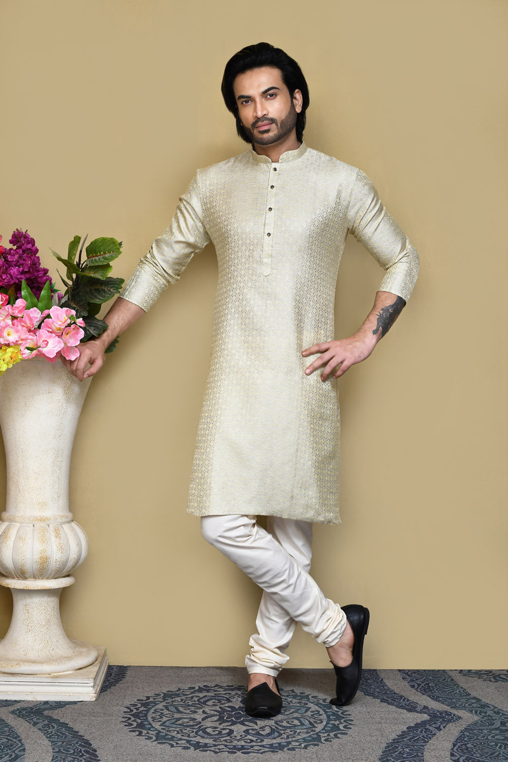 Grey Colour Art Silk Fabric Woven Kurta Pajama