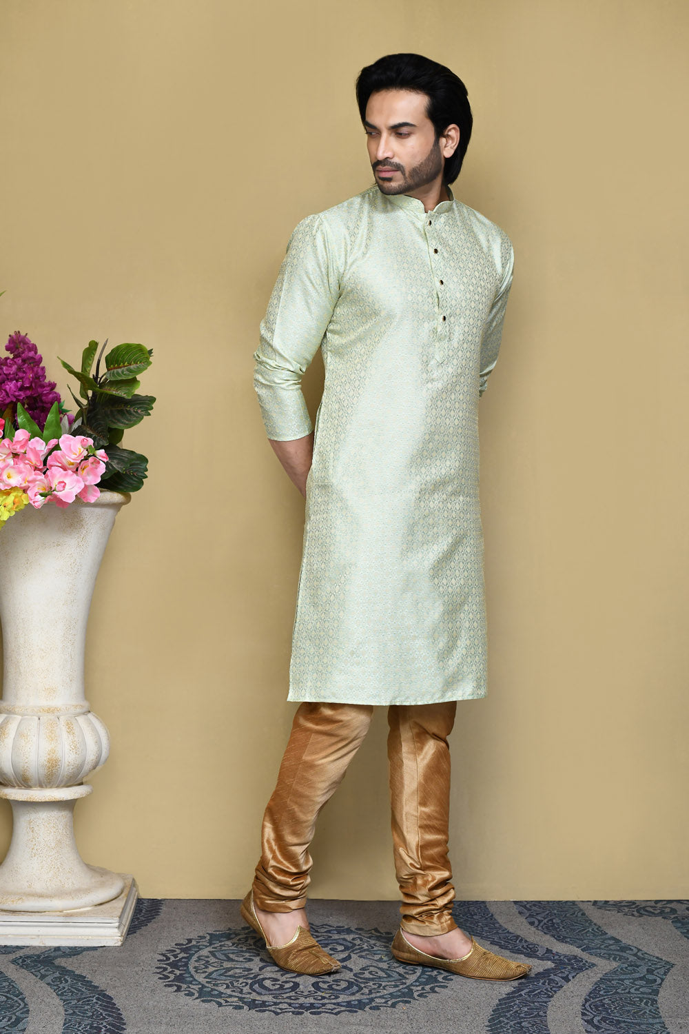 Pista Colour Art Silk Fabric Woven Kurta Pajama
