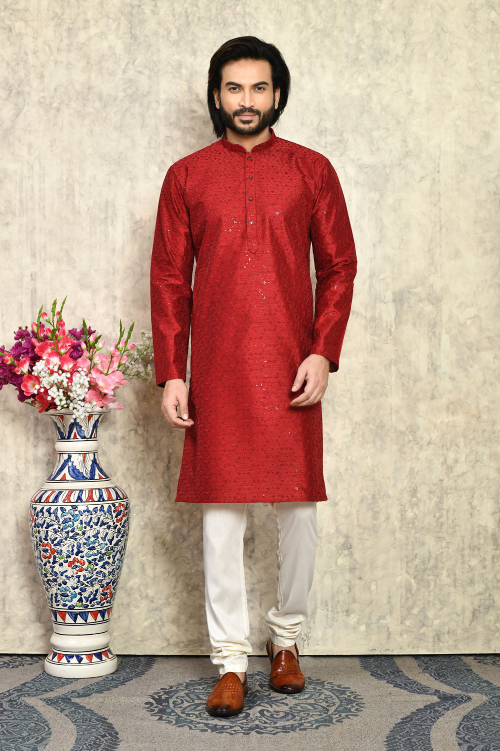 Maroon Colour Art Silk Fabric With Plain Style Kurta Pajama
