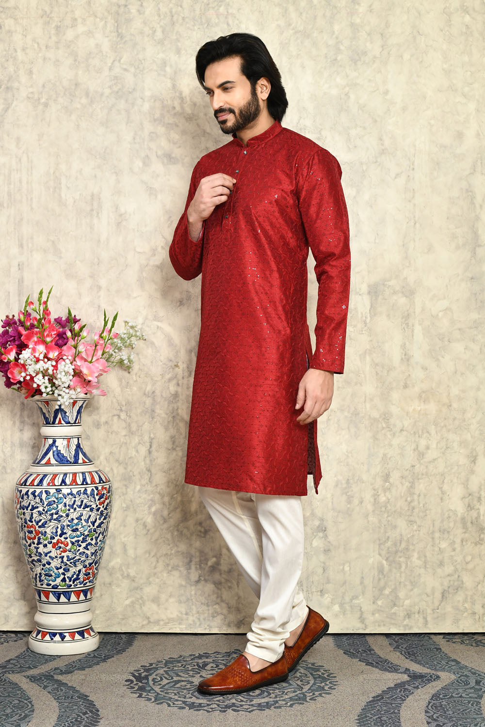 Maroon Colour Art Silk Fabric With Plain Style Kurta Pajama