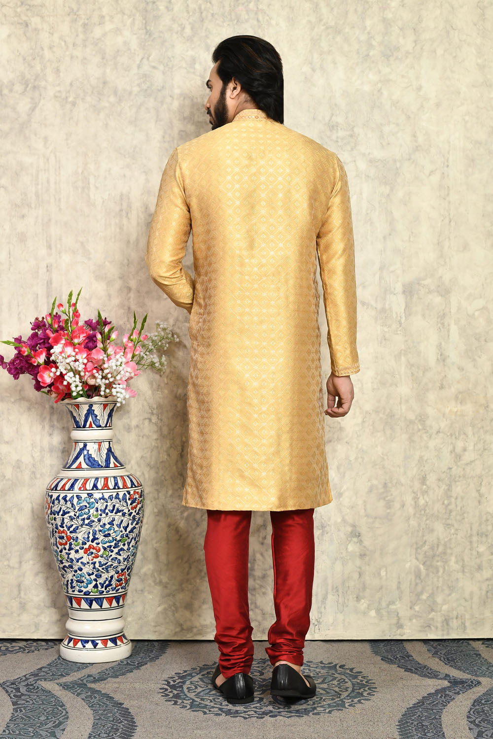 Gold Colour Art Silk Fabric With Embroidered Kurta Pajama