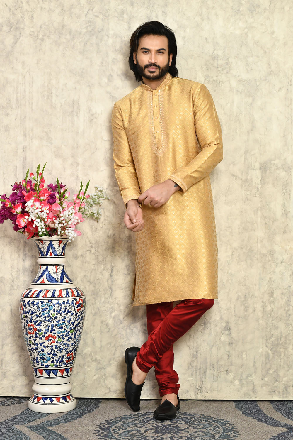 Gold Colour Art Silk Fabric With Embroidered Kurta Pajama