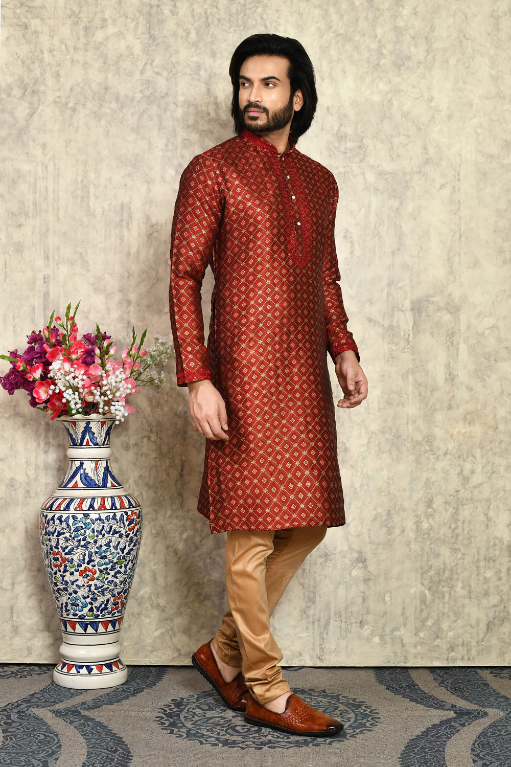 Maroon Colour Art Silk Fabric With Embroidered Kurta Pajama