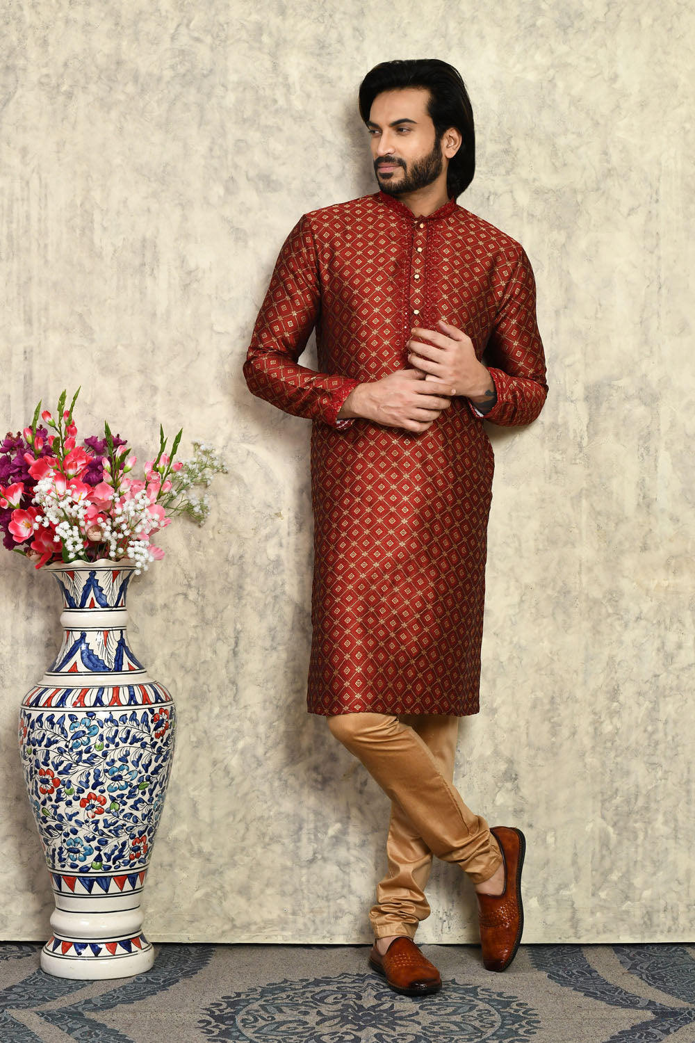 Maroon Colour Art Silk Fabric With Embroidered Kurta Pajama