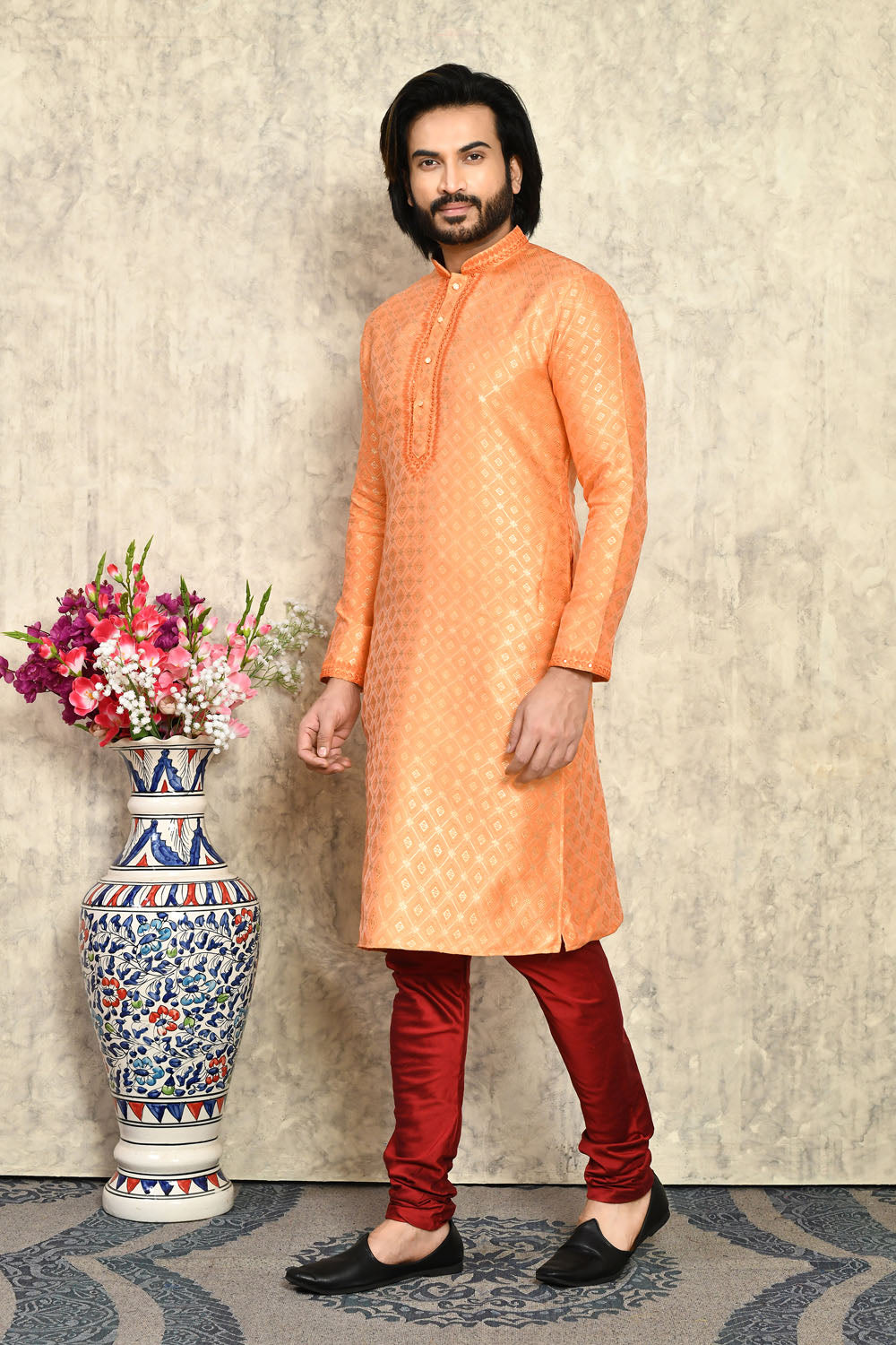 Rust Colour Art Silk Fabric With Embroidered Kurta Pajama