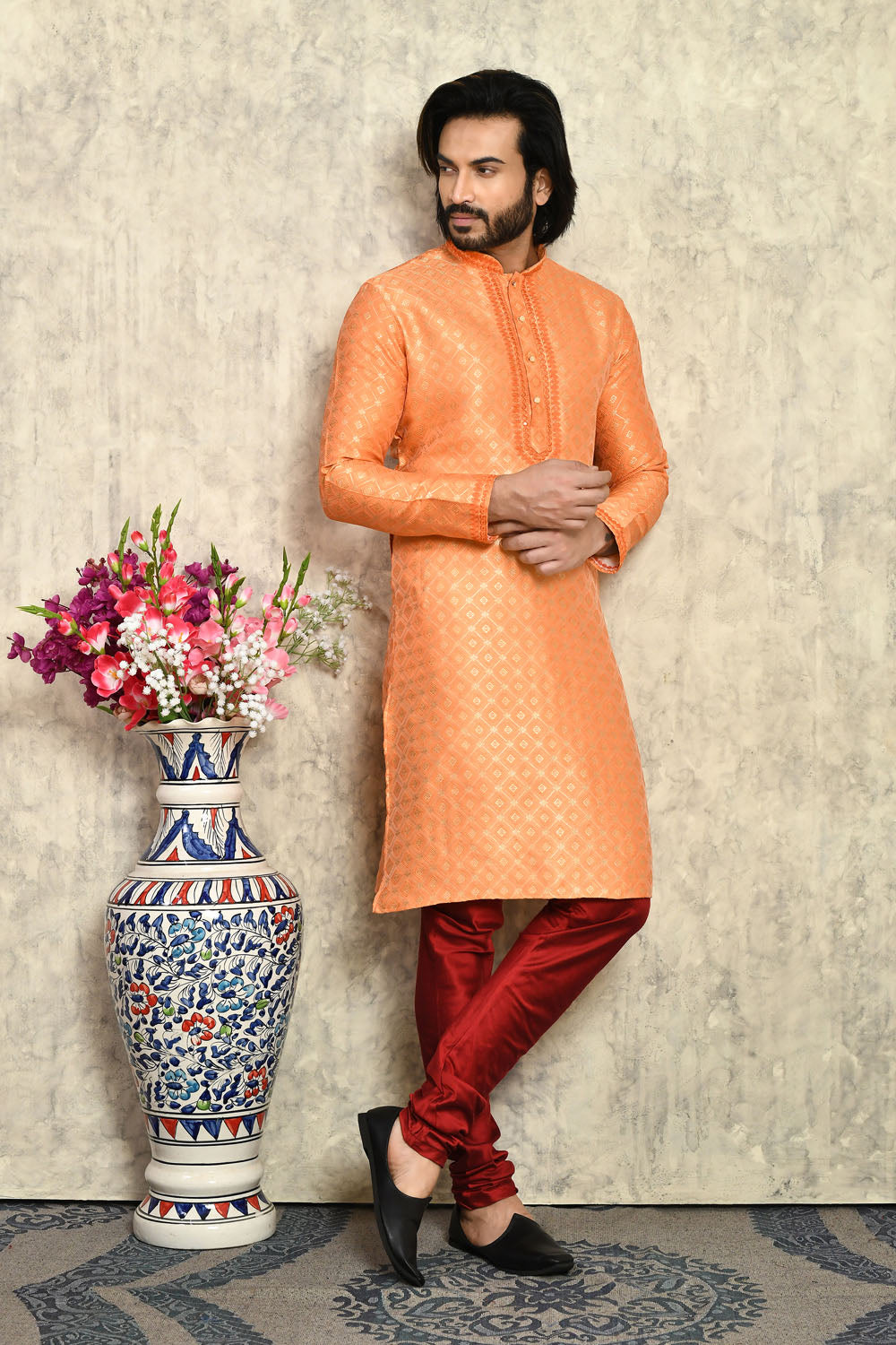 Rust Colour Art Silk Fabric With Embroidered Kurta Pajama