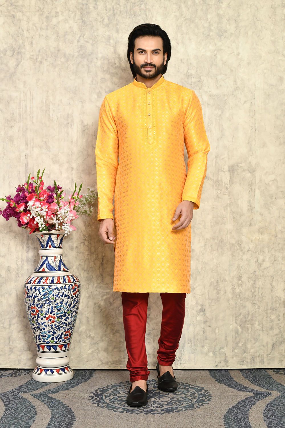 Yellow Colour Art Silk Fabric With Embroidered Kurta Pajama