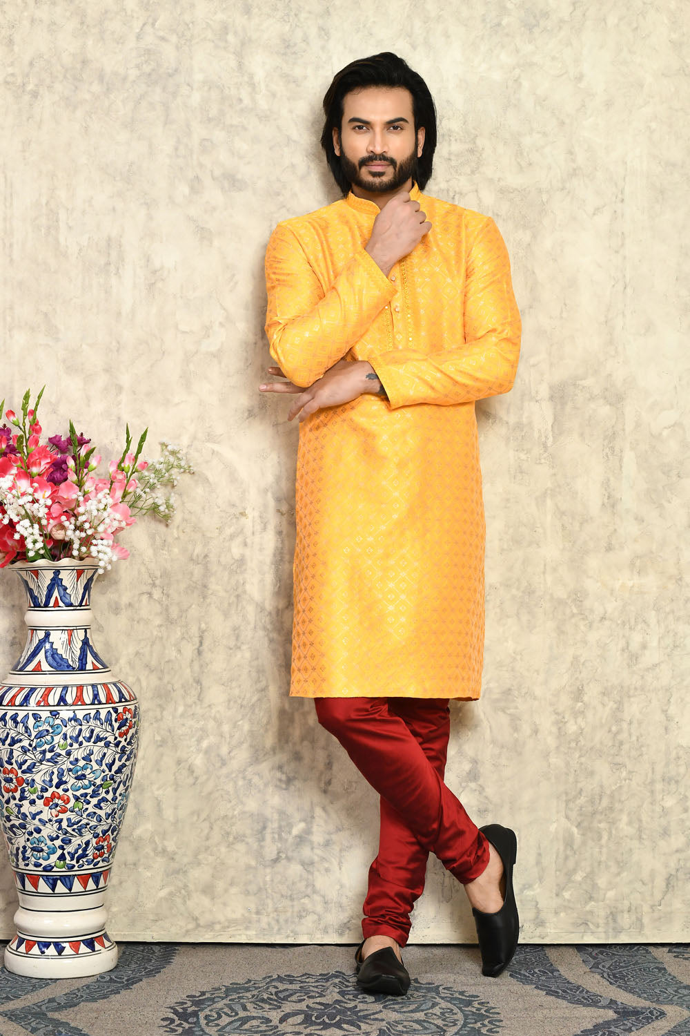 Yellow Colour Art Silk Fabric With Embroidered Kurta Pajama