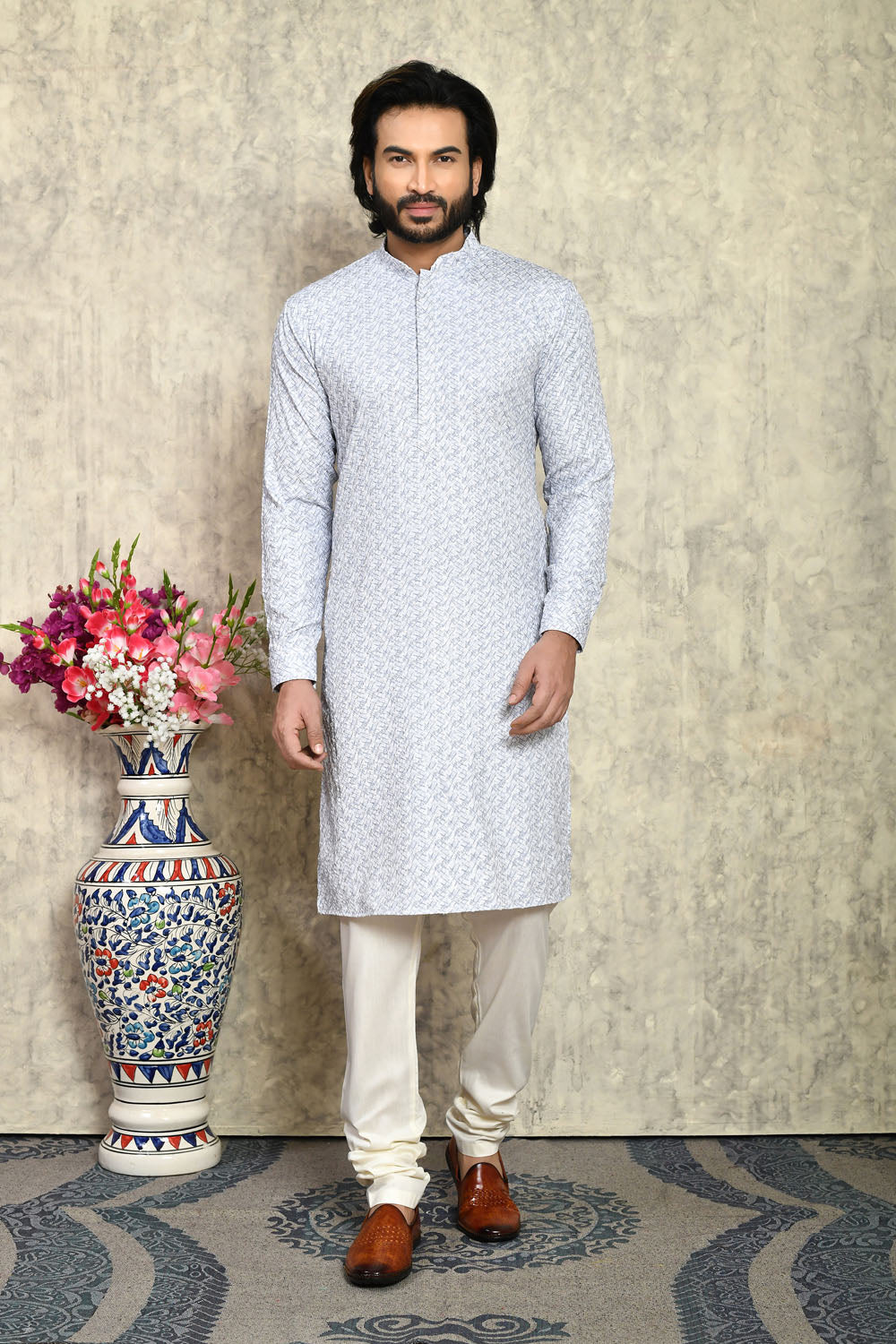 Grey Colour Cotton Fabric With Plain Style Kurta Pajama