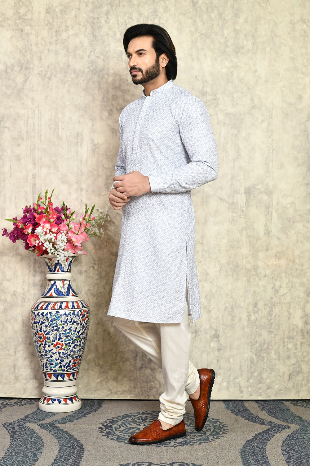 Grey Colour Cotton Fabric With Plain Style Kurta Pajama