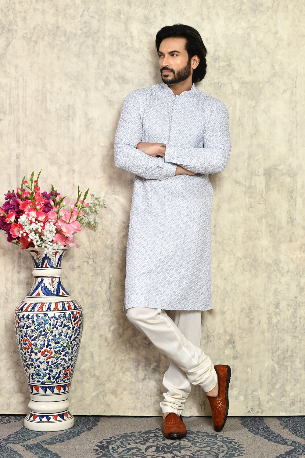 Grey Colour Cotton Fabric With Plain Style Kurta Pajama