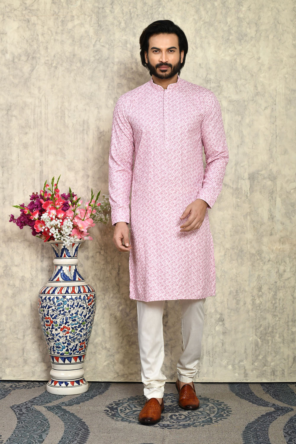 Pink Colour Cotton Fabric With Plain Style Kurta Pajama