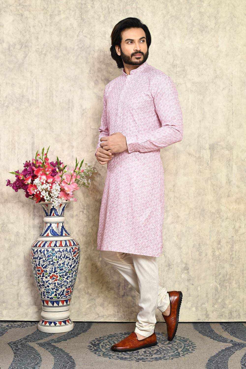 Pink Colour Cotton Fabric With Plain Style Kurta Pajama