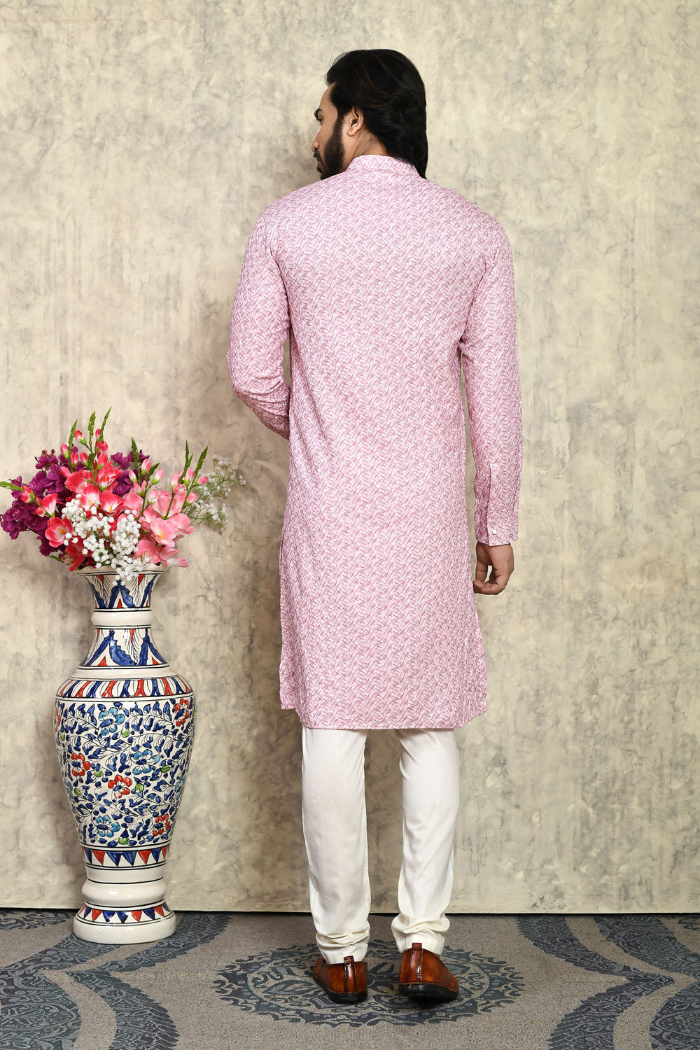 Pink Colour Cotton Fabric With Plain Style Kurta Pajama