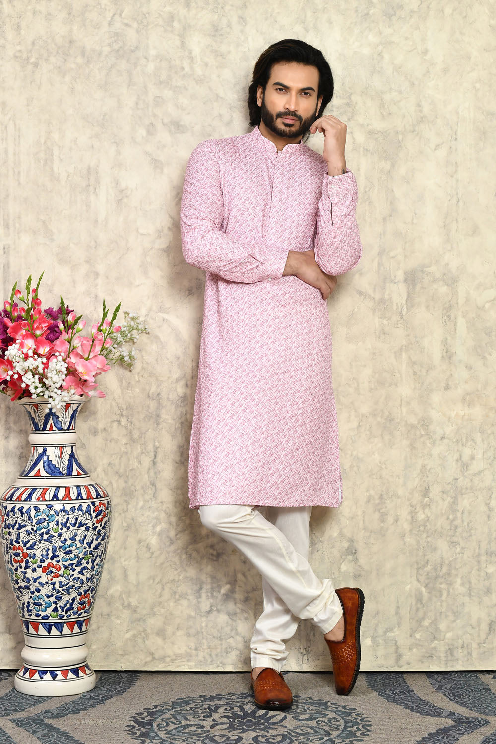 Pink Colour Cotton Fabric With Plain Style Kurta Pajama