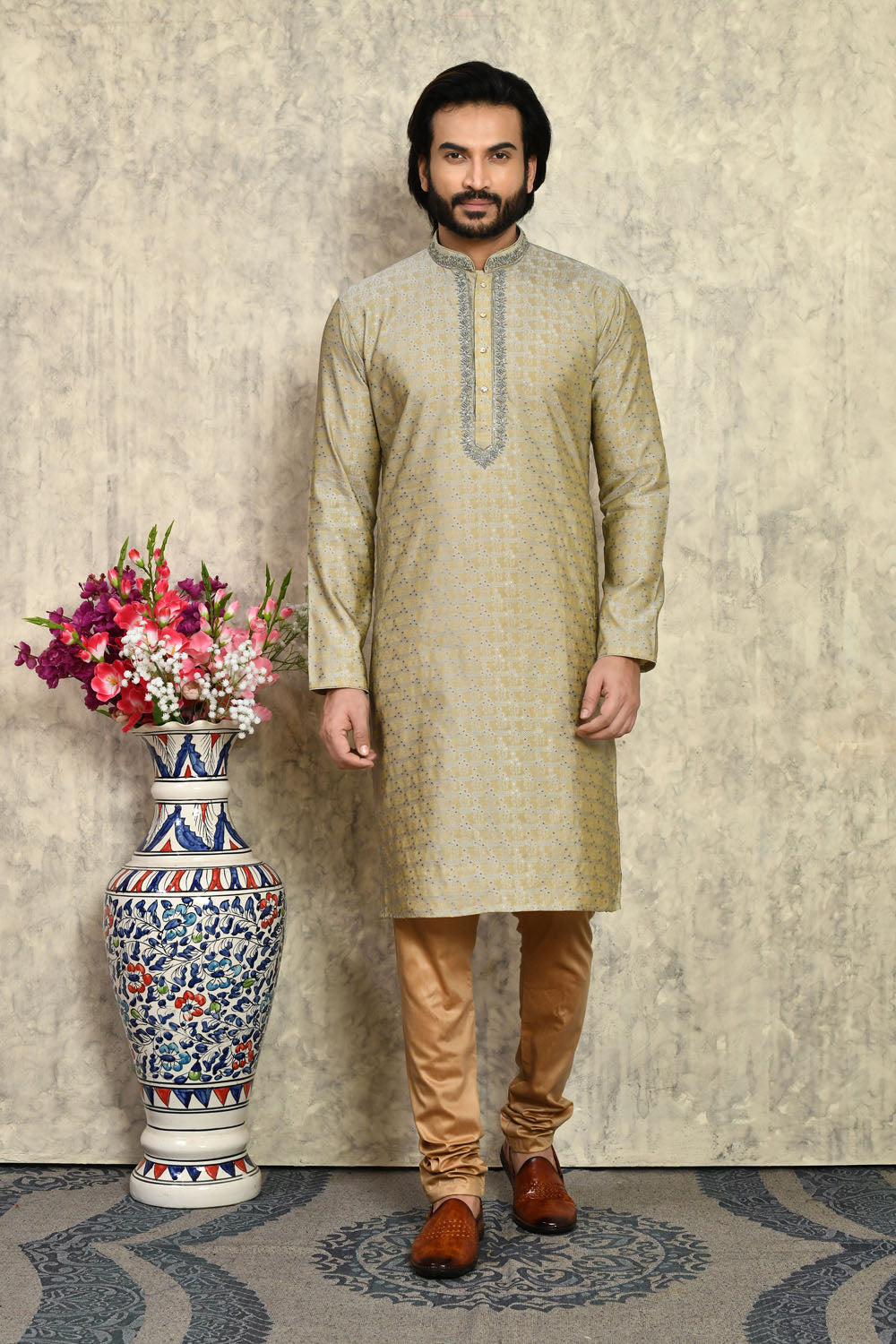 Grey Colour Art Silk Fabric With Embroidered Kurta Pajama