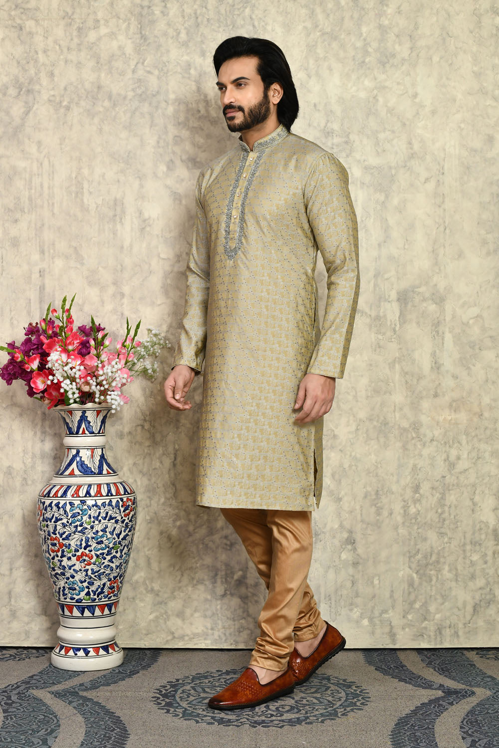 Grey Colour Art Silk Fabric With Embroidered Kurta Pajama