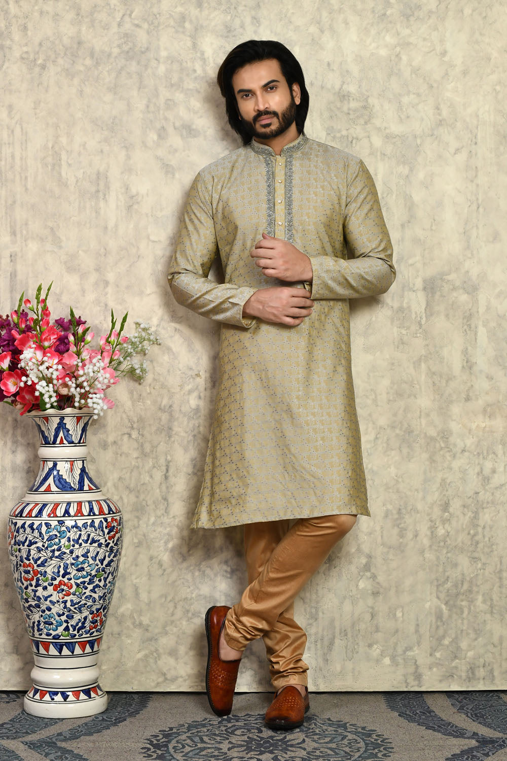 Grey Colour Art Silk Fabric With Embroidered Kurta Pajama