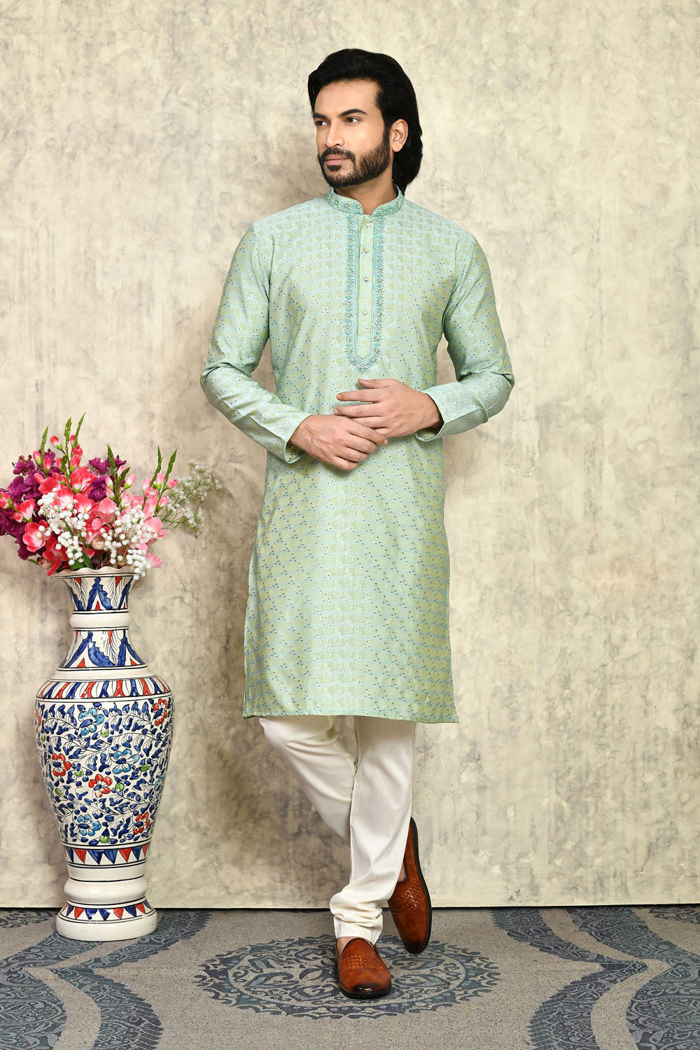 Pista Colour Art Silk Fabric With Hand Work Kurta Pajama