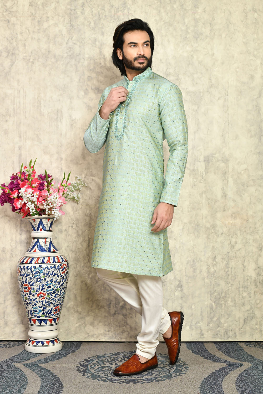 Pista Colour Art Silk Fabric With Hand Work Kurta Pajama