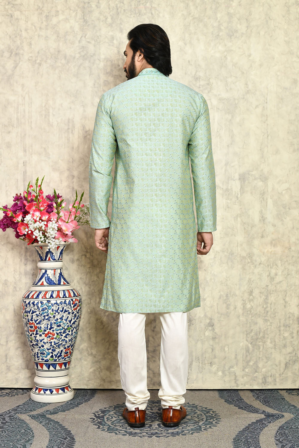 Pista Colour Art Silk Fabric With Hand Work Kurta Pajama